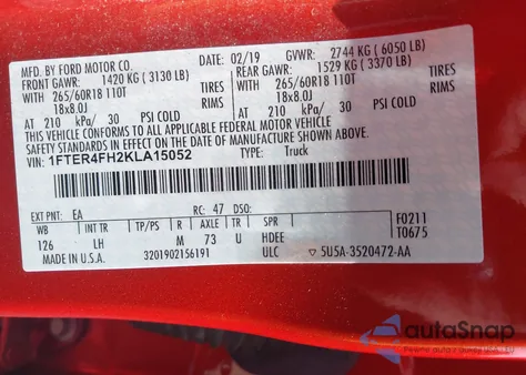 2019 Ford Ranger Xlt z USA, uszkodzony, nr VIN 1FTER4FH2KLA15052